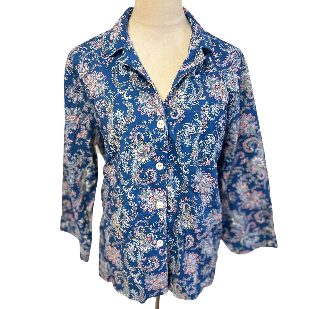 Lauren Ralph Lauren Blue Paisley Button Down Pajama Top Sleep Shirt XL LRL